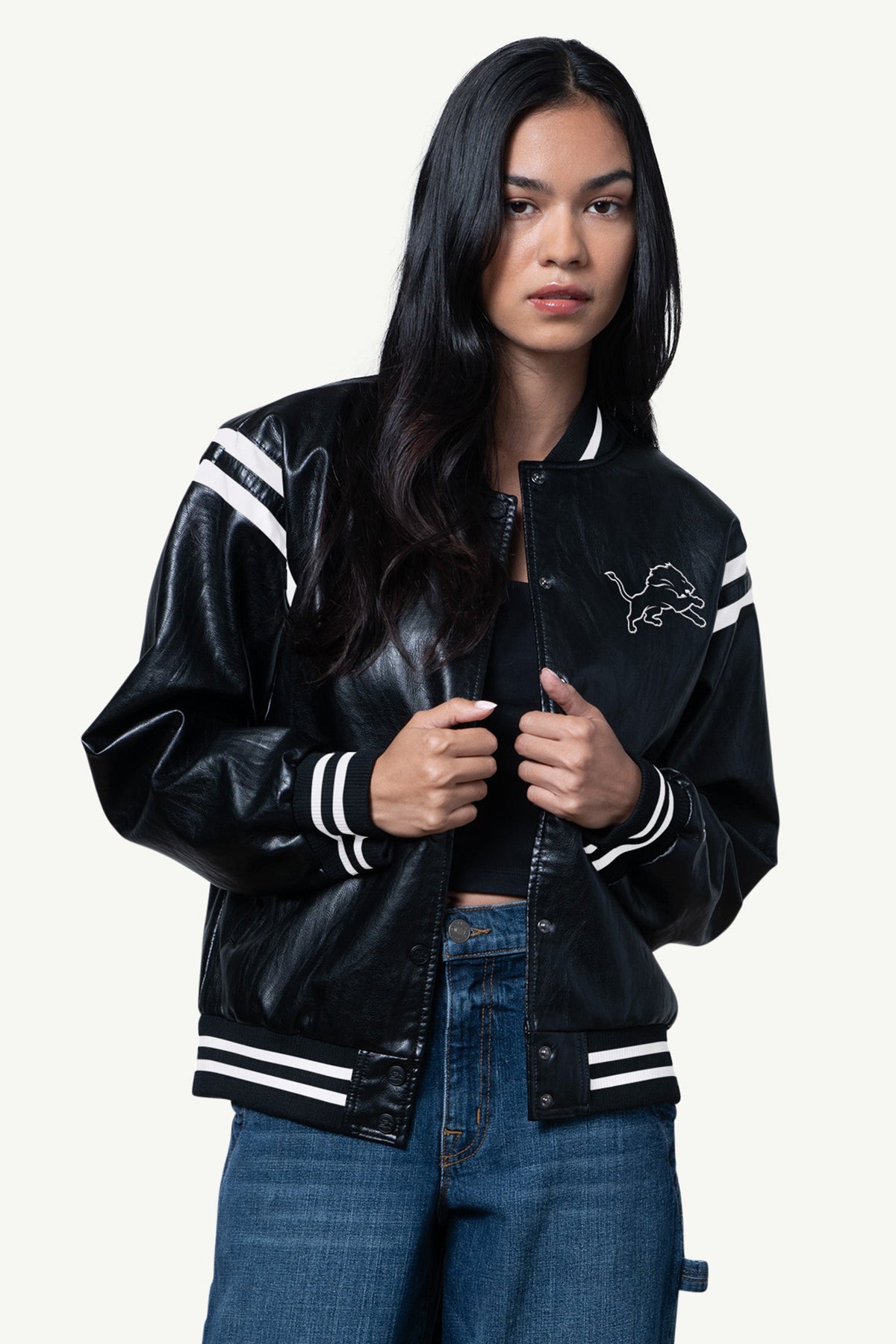 WOMENS DETROIT LIONS FAUX LEATHER VARSITY JACKET - Starter