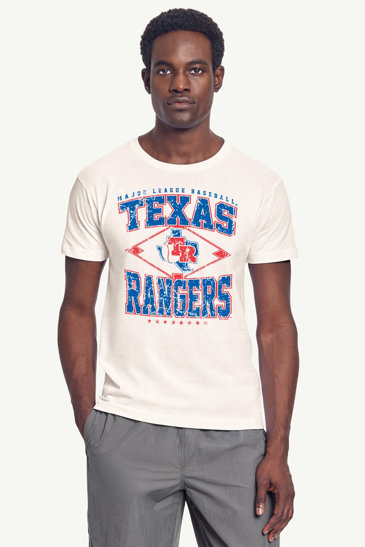 MENS TEXAS RANGERS DISTRESSED COOPERSTOWN DIAMOND SHORT SLEEVE T SHIRT - Vintage White