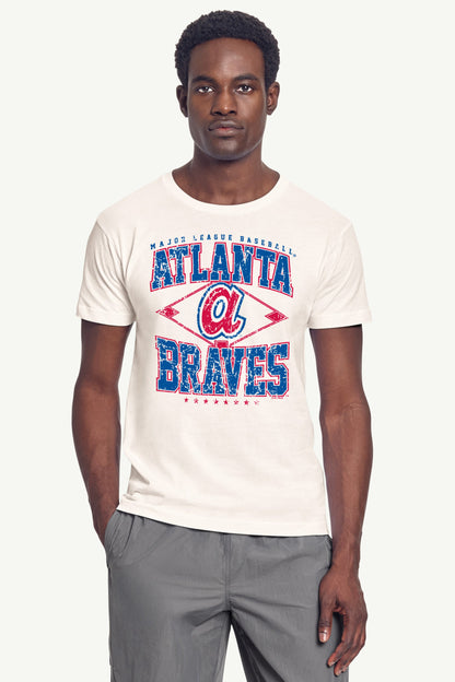 MENS ATLANTA BRAVES DISTRESSED COOPERSTOWN DIAMOND SHORT SLEEVE T SHIRT - Vintage White