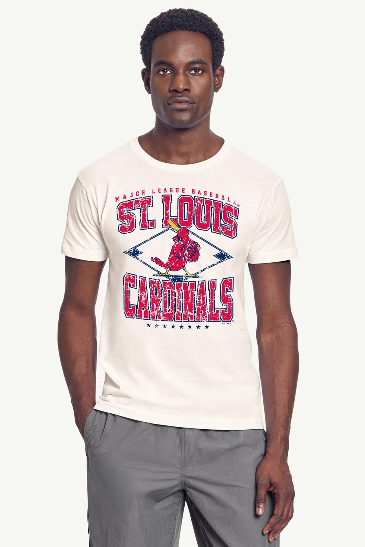 MENS ST. LOUIS CARDINALS DISTRESSED COOPERSTOWN DIAMOND SHORT SLEEVE T SHIRT - Vintage White