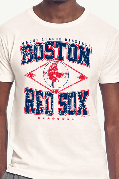 MENS BOSTON RED SOX  DISTRESSED COOPERSTOWN DIAMOND SHORT SLEEVE T SHIRT - Vintage White