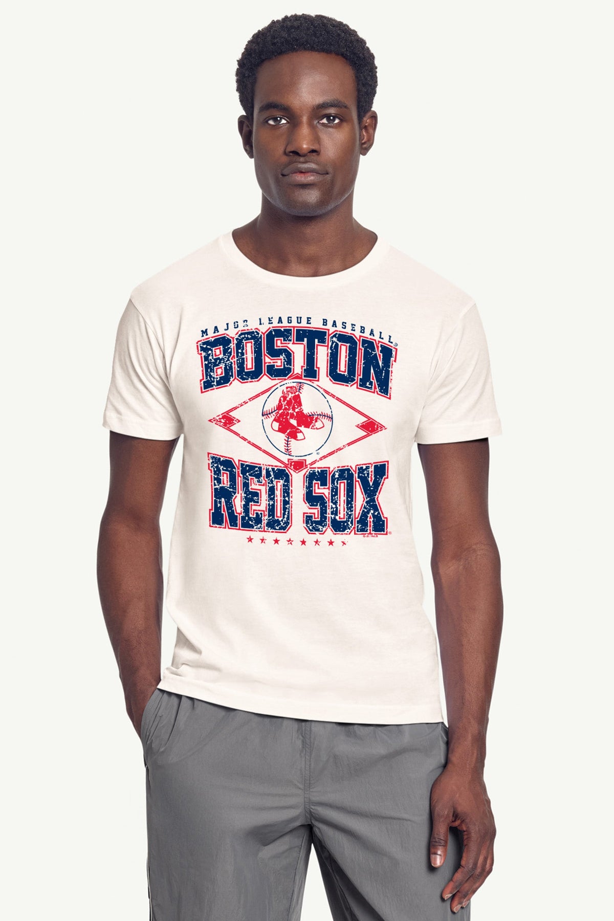 MENS BOSTON RED SOX  DISTRESSED COOPERSTOWN DIAMOND SHORT SLEEVE T SHIRT - Vintage White