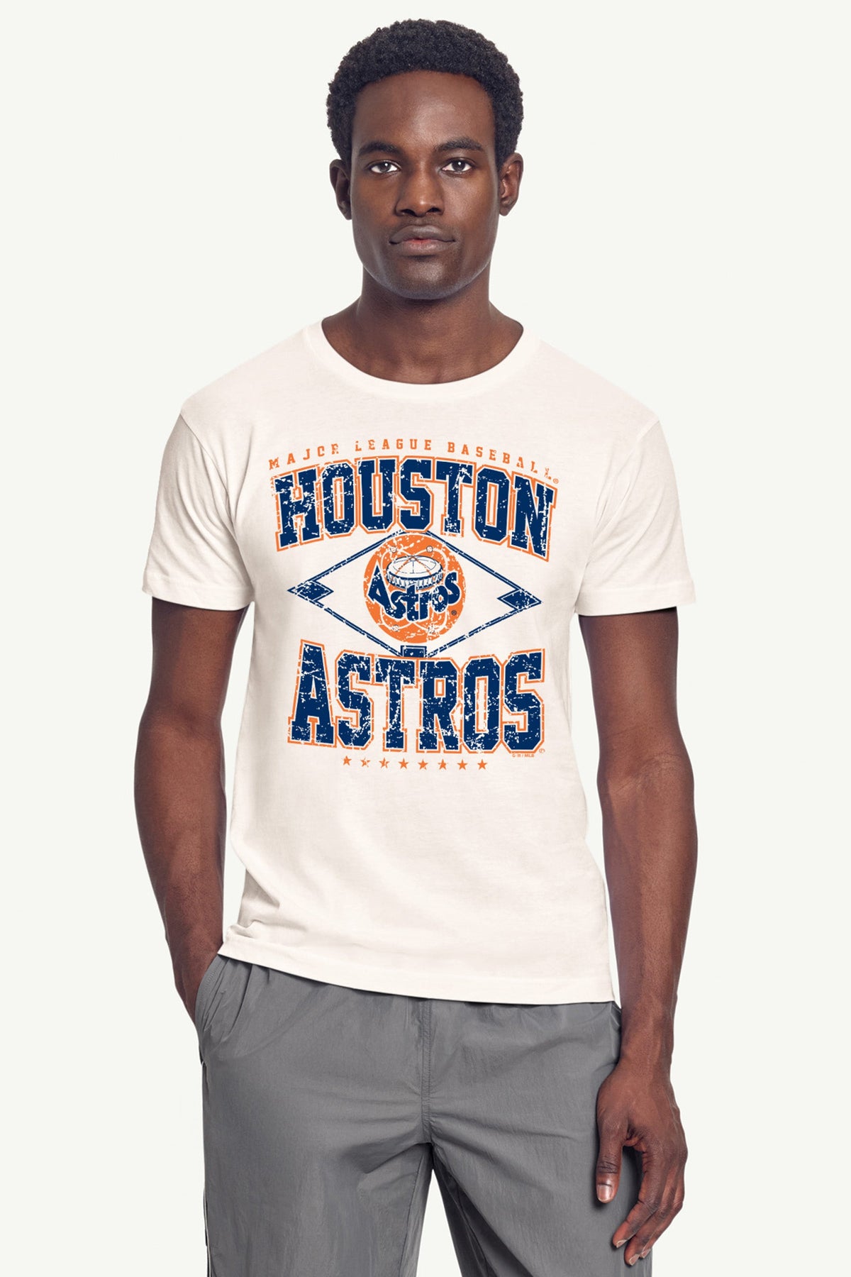 MENS HOUSTON ASTROS DISTRESSED COOPERSTOWN DIAMOND SHORT SLEEVE T SHIRT - Vintage White
