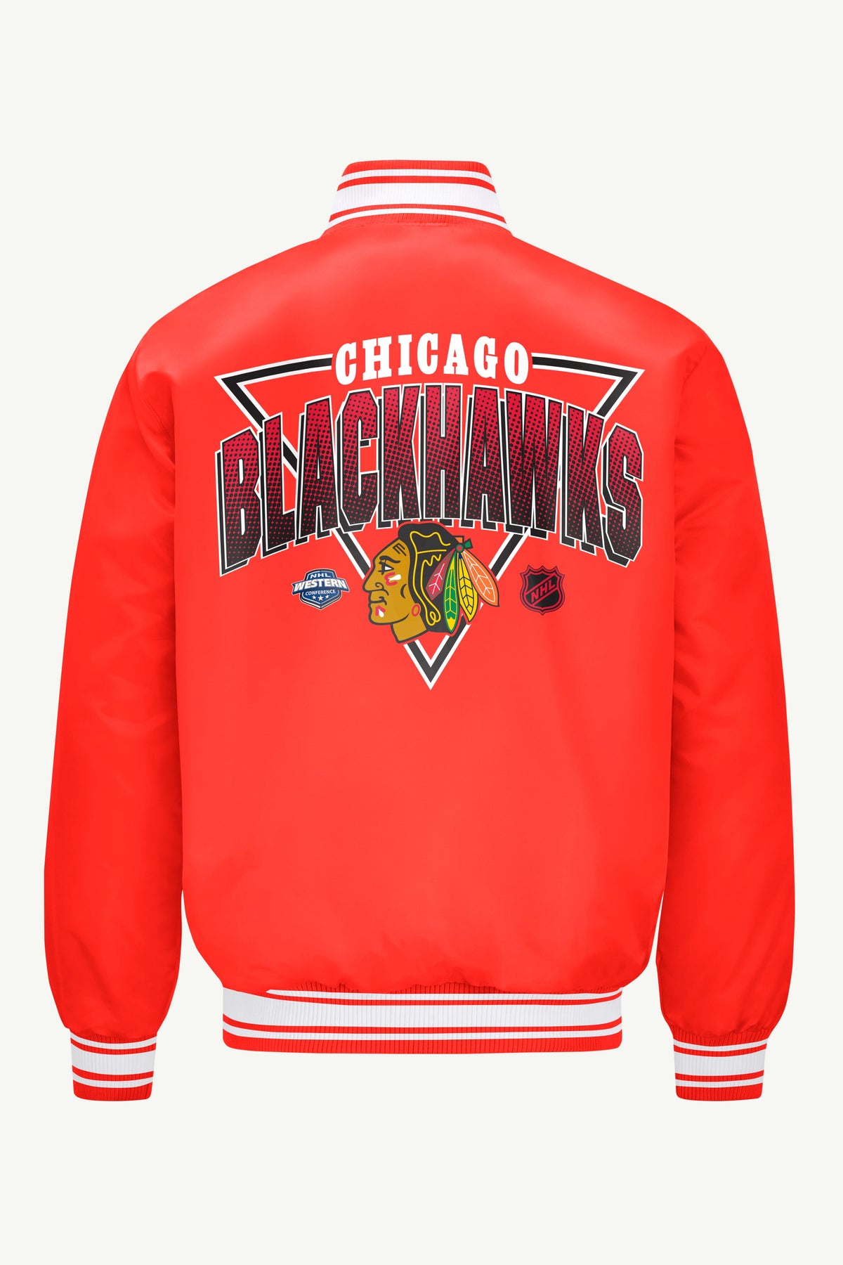 MENS CHICAGO BLACKHAWKS TRIANGLE SATIN VARSITY JACKET - Red