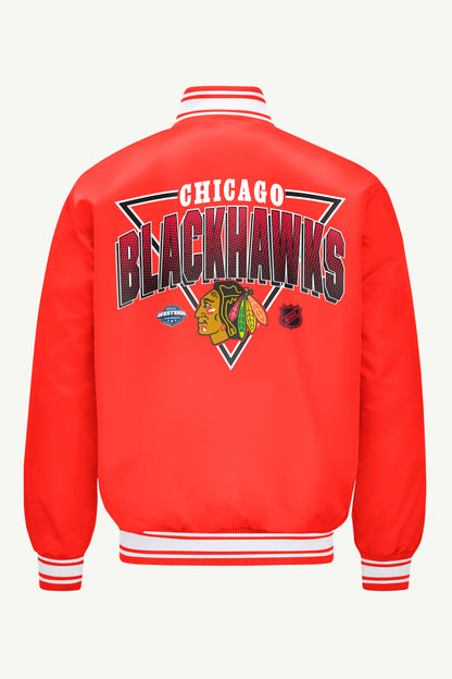 MENS CHICAGO BLACKHAWKS TRIANGLE SATIN VARSITY JACKET - Red