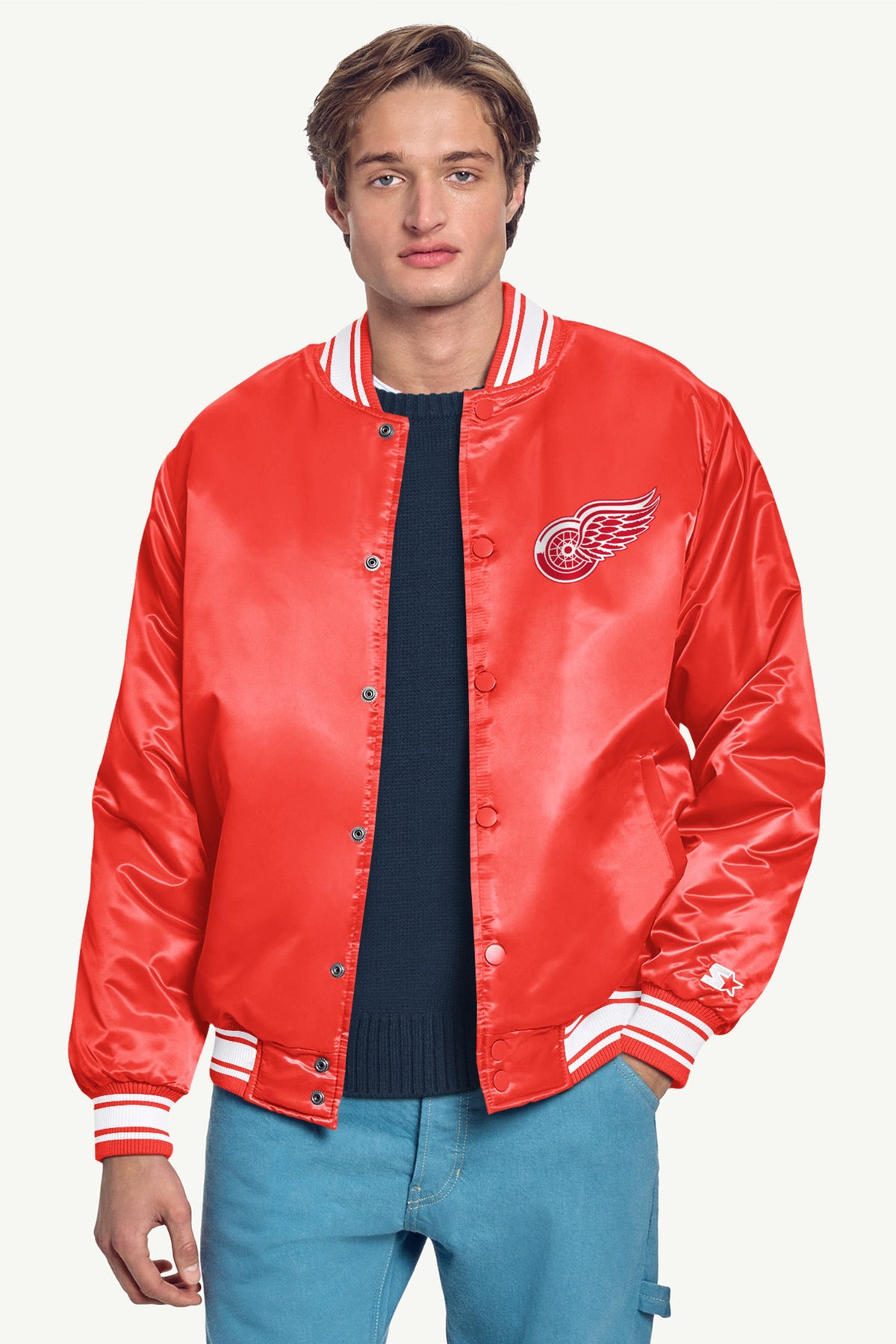 MENS DETROIT RED WINGS TRIANGLE SATIN VARSITY JACKET - Red