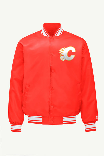 MENS CALGARY FLAMES PRINTED GRAPHIC TRIANGLE SATIN VARSITY JACKET - Red