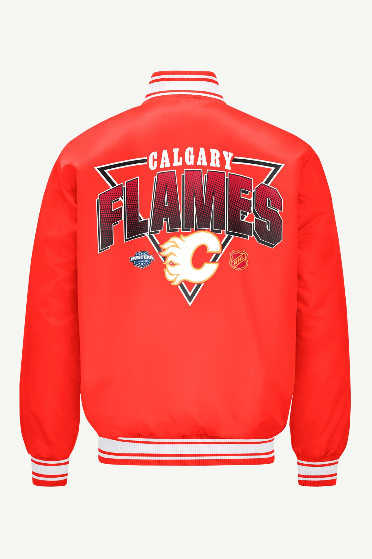 MENS CALGARY FLAMES PRINTED GRAPHIC TRIANGLE SATIN VARSITY JACKET - Red