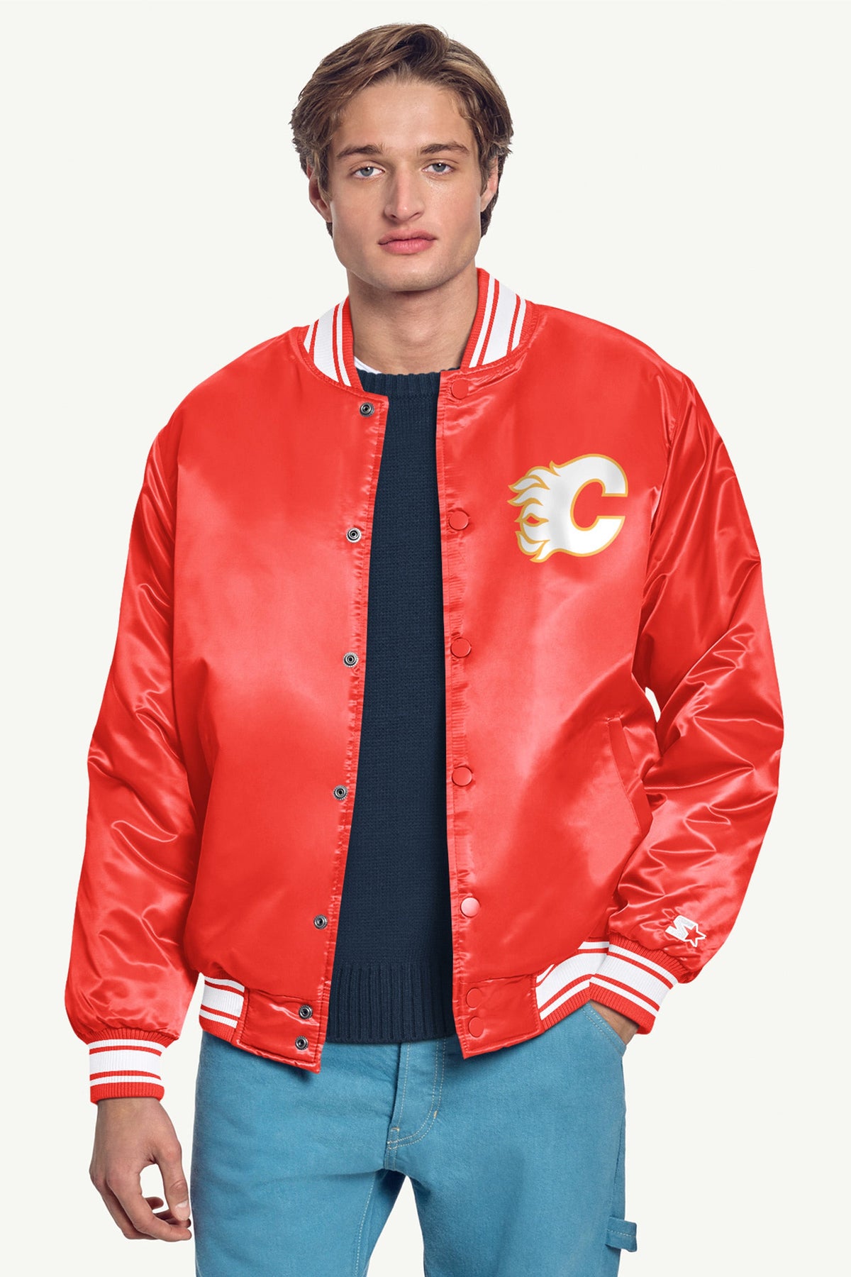 MENS CALGARY FLAMES PRINTED GRAPHIC TRIANGLE SATIN VARSITY JACKET - Red